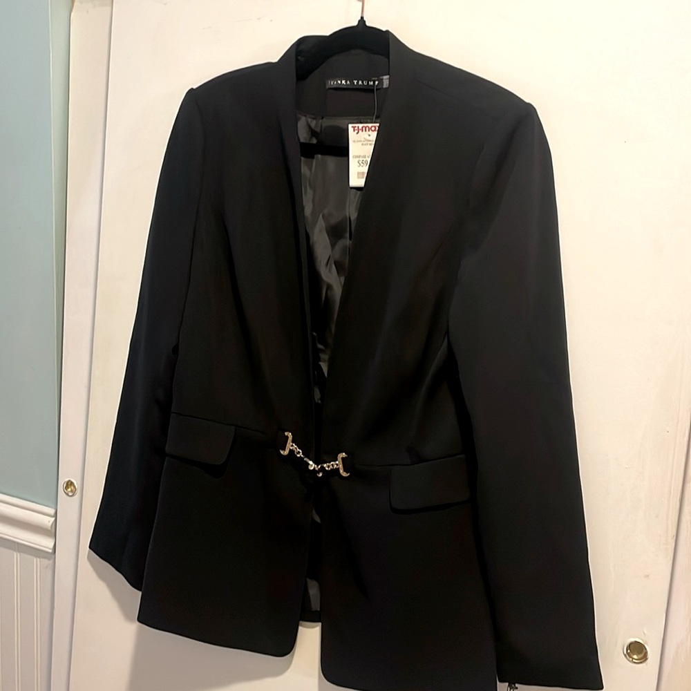 Black collarless blazer with gold toggle closure